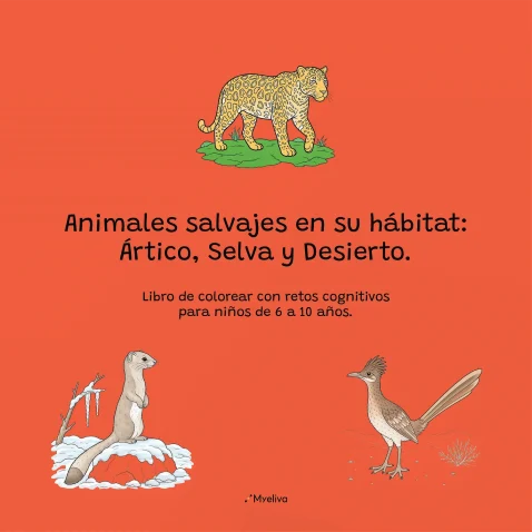 Portada del libro infantil Animales salvajes en su hábitat: Ártico, Selva y Desierto, de Myeliva, con ilustraciones de animales sobre fondo naranja.