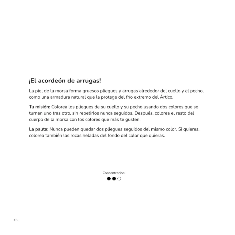 Página interior con la actividad El acordeón de arrugas, que propone colorear los pliegues de una morsa alternando colores y siguiendo instrucciones.