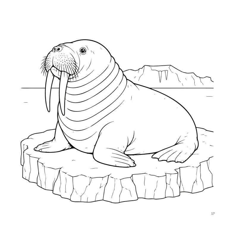 Ilustración para colorear de una morsa con grandes colmillos y pliegues en el cuello, descansando sobre una plataforma de hielo del Ártico.
