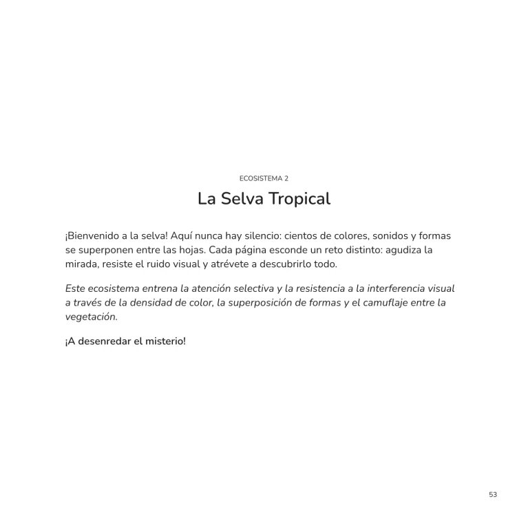 Página interior que presenta La Selva Tropical y explica las actividades de atención selectiva, observación y resistencia a la interferencia visual del segundo ecosistema animal.
