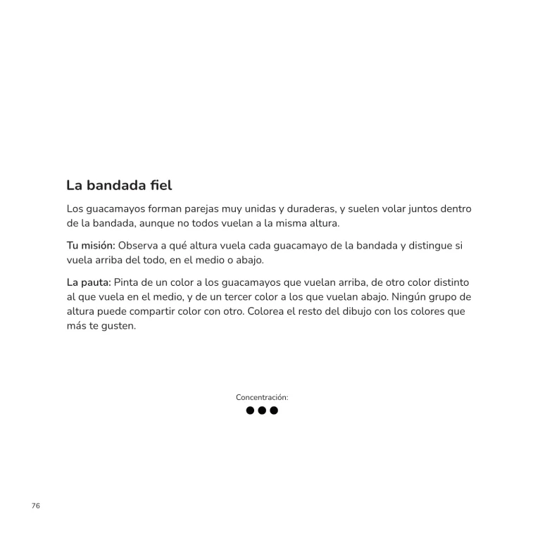 Página de actividad La bandada fiel, con instrucciones para observar la altura de vuelo de varios guacamayos y colorearlos según su posición.