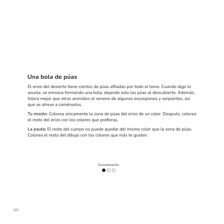 Página interior con la actividad Una bola de púas, que propone distinguir y colorear las púas del erizo del desierto siguiendo una pauta.