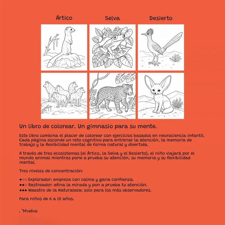 Contraportada del libro Animales salvajes en su hábitat: Ártico, Selva y Desierto, con seis ilustraciones de animales y descripción de sus retos cognitivos.