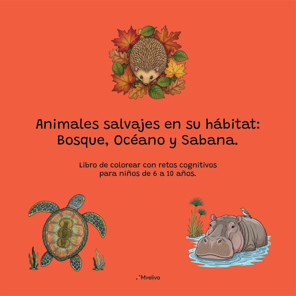 Portada del libro infantil Animales salvajes en su hábitat: Bosque, Océano y Sabana, de Myeliva, con ilustraciones de animales sobre fondo naranja.