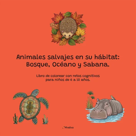 Portada del libro infantil Animales salvajes en su hábitat: Bosque, Océano y Sabana, de Myeliva, con ilustraciones de animales sobre fondo naranja.