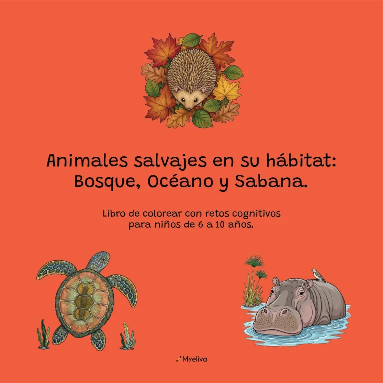 Portada del libro infantil Animales salvajes en su hábitat: Bosque, Océano y Sabana, de Myeliva, con ilustraciones de animales sobre fondo naranja.