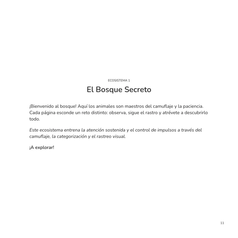 Página interior del libro de Myeliva que presenta el Bosque Secreto y explica las actividades de observación, atención y control de impulsos.