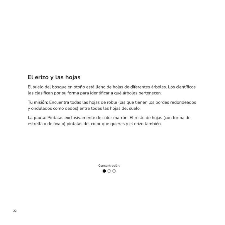 Página de actividad El erizo y las hojas, con instrucciones para identificar y colorear hojas de roble entre diferentes formas.