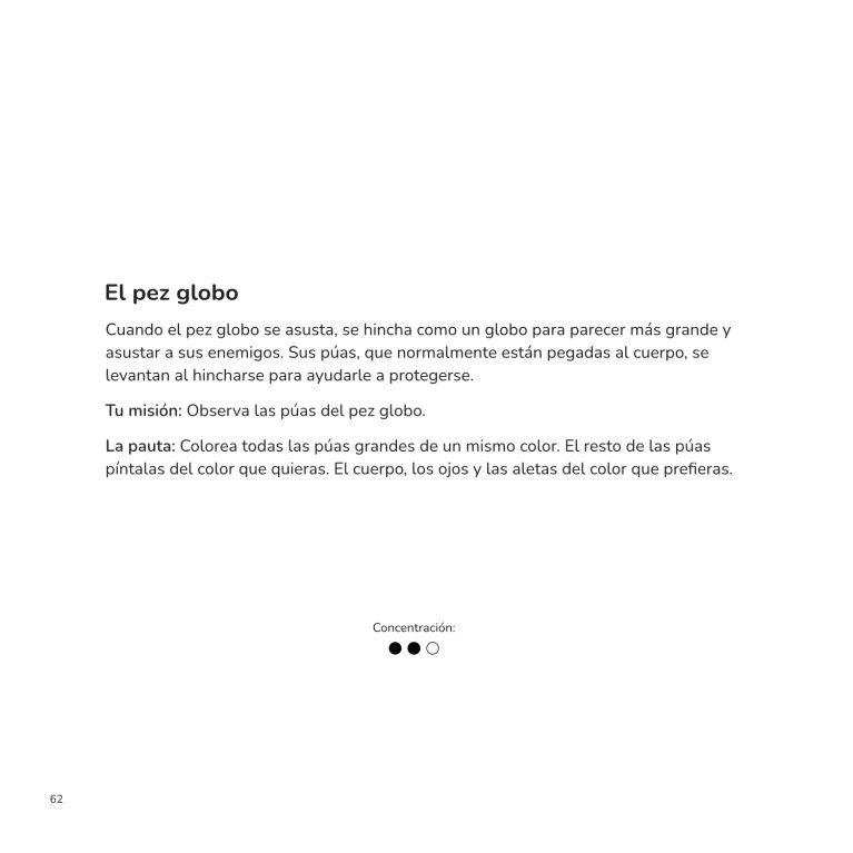 Página interior con la actividad El pez globo, que propone observar y diferenciar las púas grandes y pequeñas mediante una tarea de coloreado.