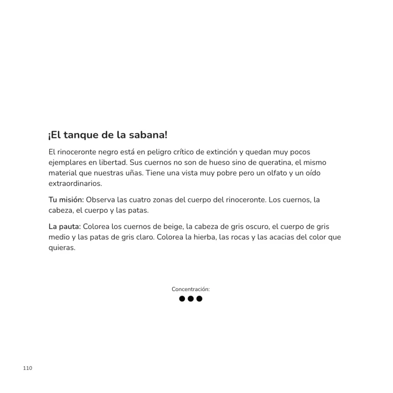 Página de actividad El tanque de la sabana, con instrucciones para colorear distintas partes del rinoceronte y trabajar la observación visual.