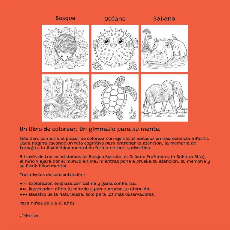 Contraportada del libro Animales salvajes en su hábitat, con seis ilustraciones para colorear de animales del bosque, océano y sabana.
