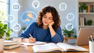 Mujer estudiando y tomando apuntes en un escritorio, acompañada de una ilustración del cerebro y varios iconos que representan habilidades cognitivas y aprendizaje.