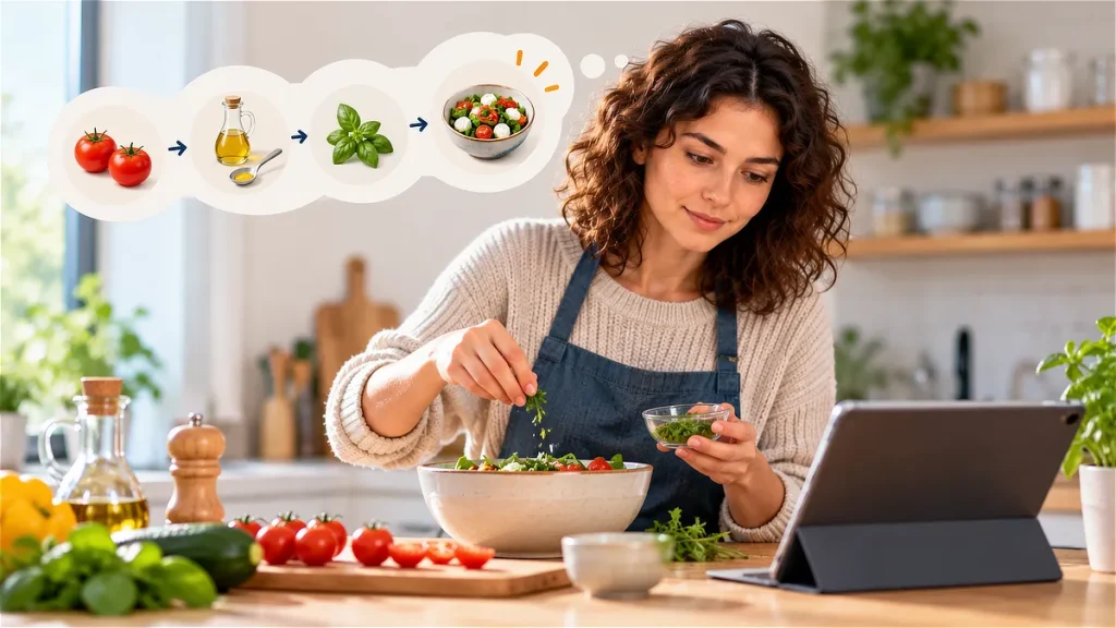 Mujer preparando una ensalada en una cocina mientras consulta una receta en una tableta, ejemplo cotidiano de cómo utilizamos la memoria de trabajo al cocinar.
