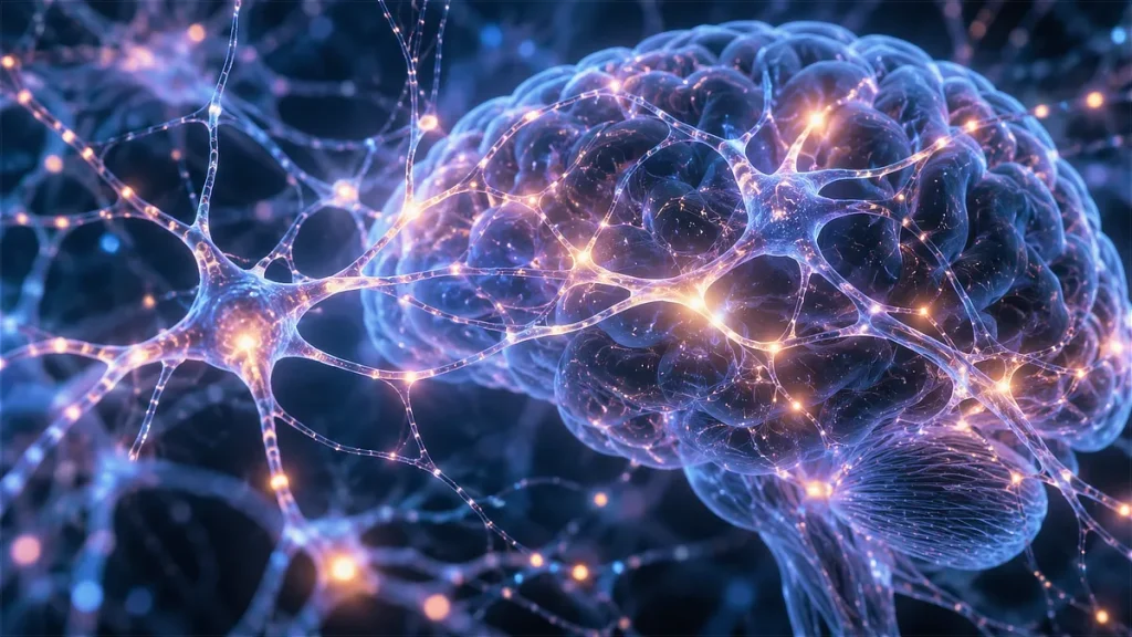 Ilustración científica de un cerebro humano rodeado de neuronas y conexiones sinápticas luminosas que representan visualmente los procesos de neuroplasticidad cerebral.