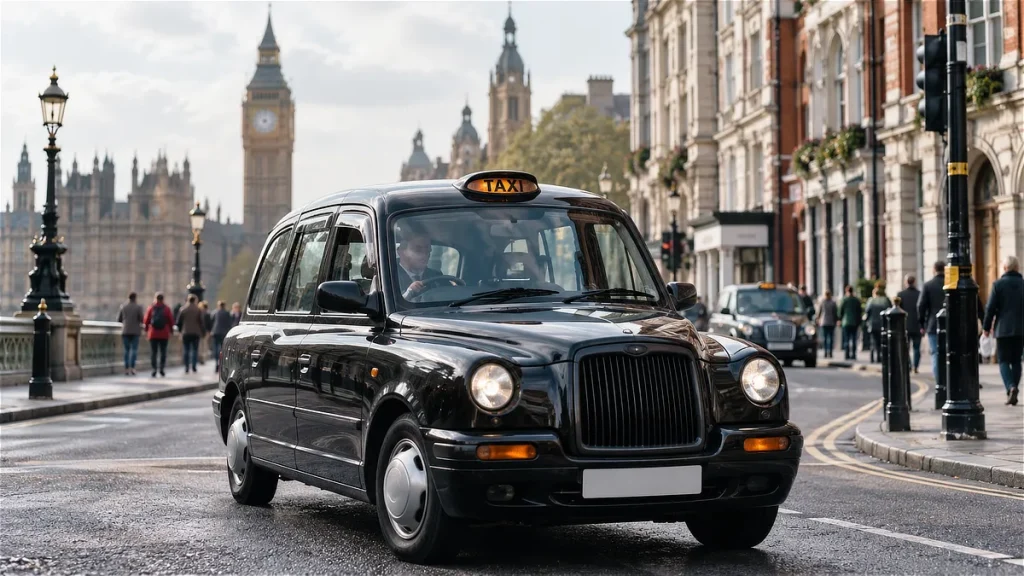 Taxi negro tradicional londinense circulando por una calle de Londres, con el Big Ben al fondo, representativo de los vehículos estudiados en investigaciones sobre neuroplasticidad.