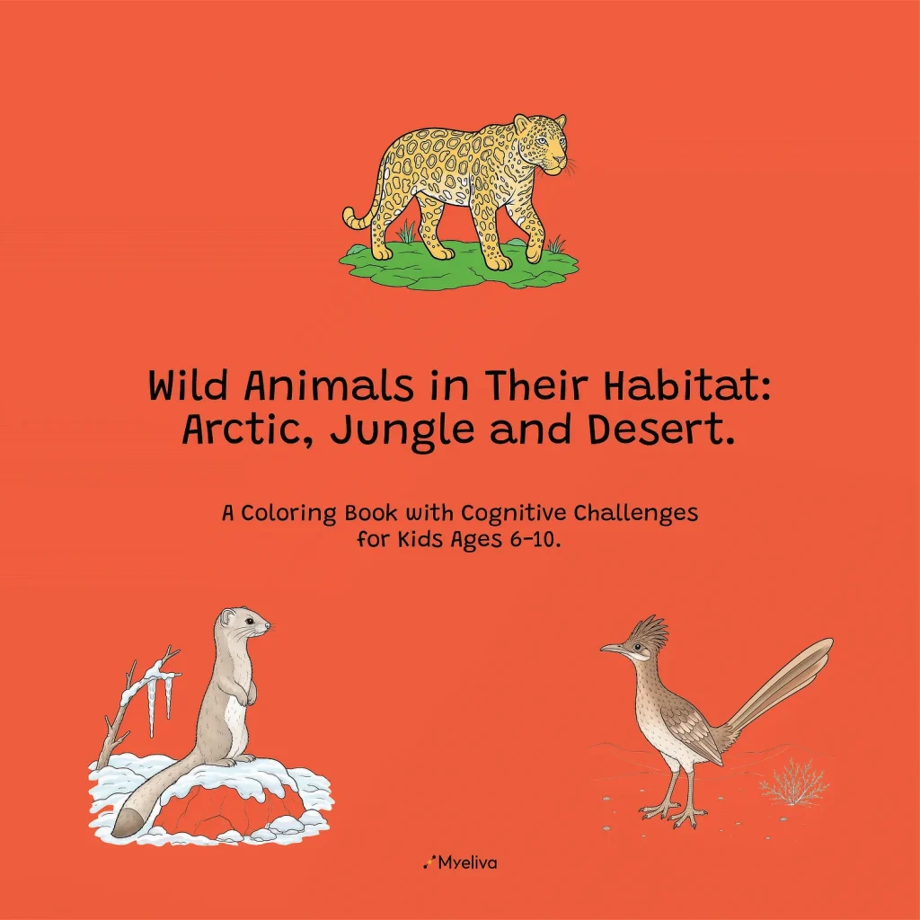 Portada de Wild Animals in Their Habitat: Arctic, Jungle and Desert, libro infantil de Myeliva en inglés, con ilustraciones de animales sobre fondo naranja.