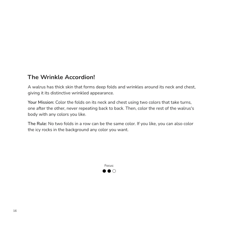 Página interior en inglés con la actividad The Wrinkle Accordion, que propone colorear los pliegues de una morsa alternando dos colores según las instrucciones.