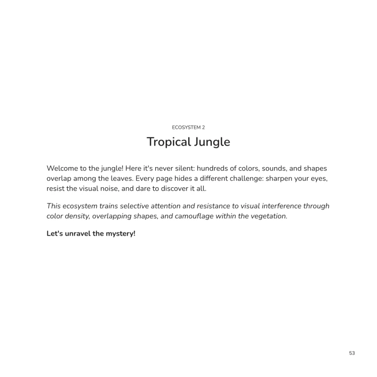 Página interior en inglés que presenta Tropical Jungle y explica las actividades de atención selectiva, observación y resistencia a la interferencia visual del segundo ecosistema animal.