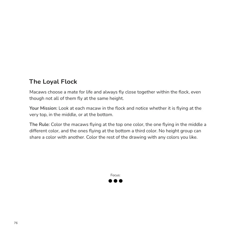 Página interior en inglés con la actividad The Loyal Flock, que propone observar la altura de vuelo de los guacamayos y colorearlos según su posición.