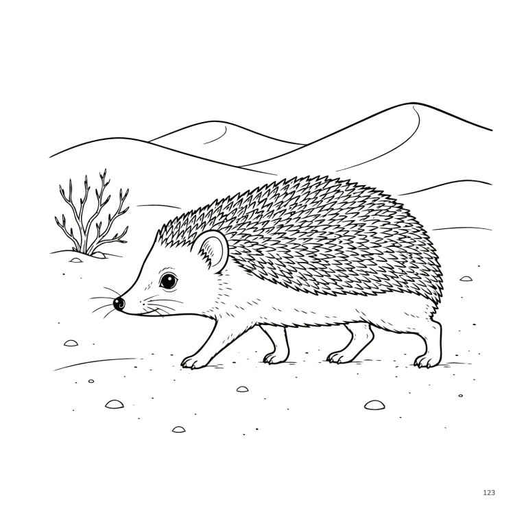 Ilustración para colorear de un erizo del desierto caminando entre dunas, piedras y vegetación escasa, con las púas claramente diferenciadas del cuerpo.
