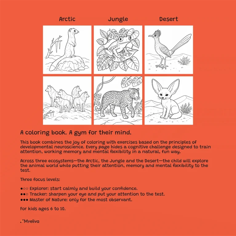 Contraportada de Wild Animals in Their Habitat: Arctic, Jungle and Desert, con seis ilustraciones de animales y descripción en inglés de los retos cognitivos.