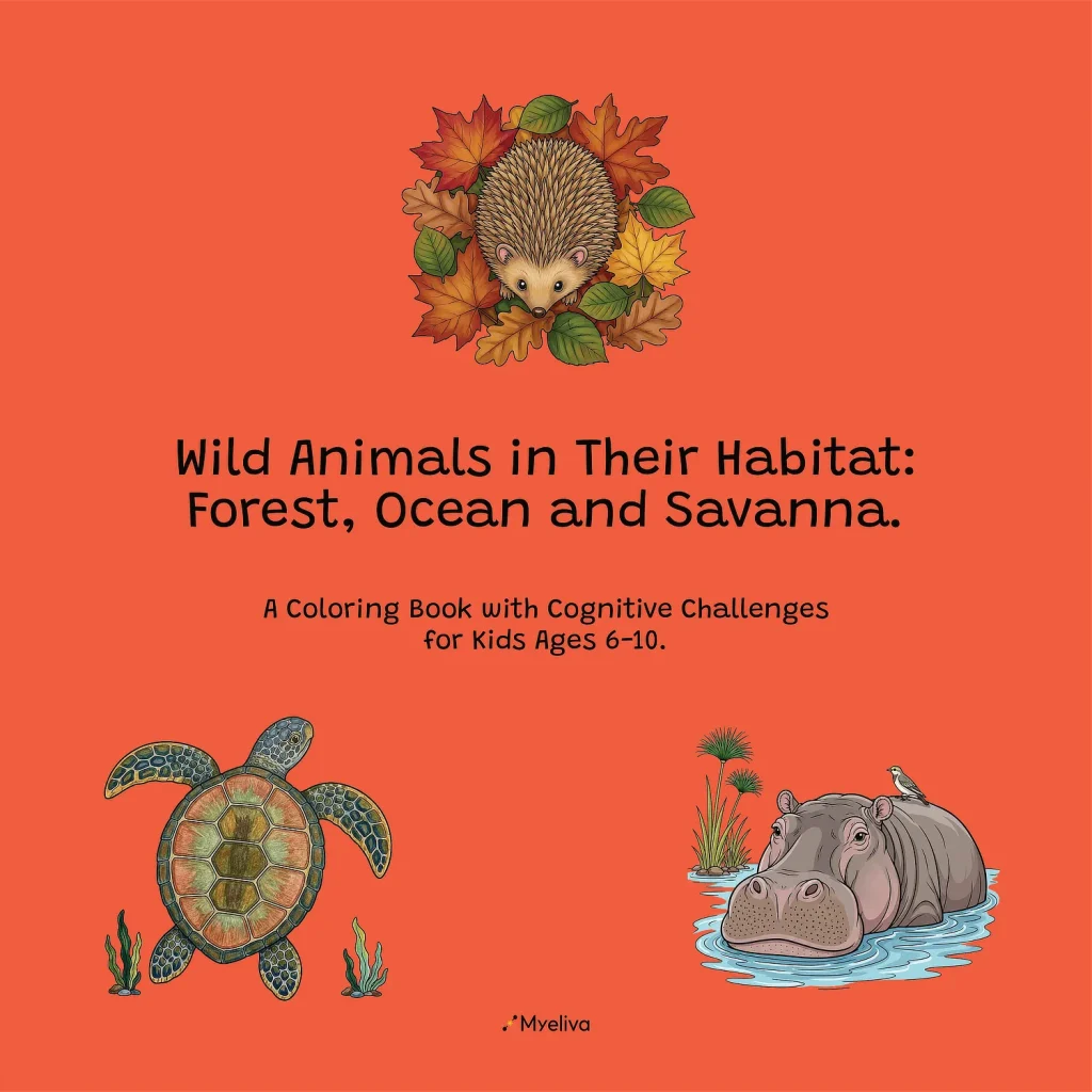 Portada de la edición en inglés del libro infantil Wild Animals in Their Habitat, de Myeliva, con ilustraciones de animales sobre fondo naranja.