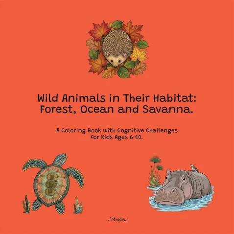 Portada de la edición en inglés del libro infantil Wild Animals in Their Habitat, de Myeliva, con ilustraciones de animales sobre fondo naranja.