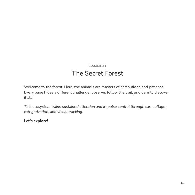 Página interior en inglés que presenta The Secret Forest y explica las actividades de observación, atención sostenida y control de impulsos del primer ecosistema animal.