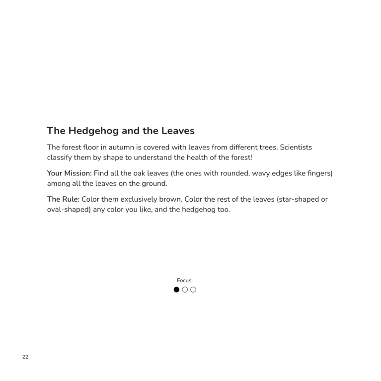 Página de actividad en inglés The Hedgehog and the Leaves, con instrucciones para identificar y colorear hojas de roble entre diferentes formas.