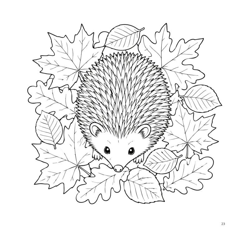 Ilustración para colorear de un erizo rodeado de hojas otoñales, incluida en la sección del bosque de la edición inglesa de Myeliva.