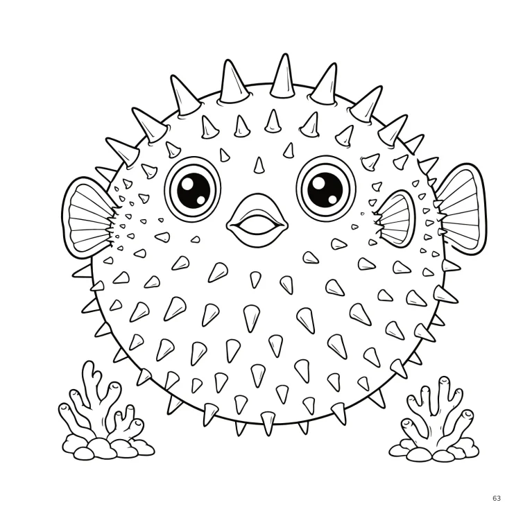 Dibujo para colorear de un pez globo con púas de distintos tamaños, grandes ojos y elementos marinos, perteneciente a la edición inglesa.