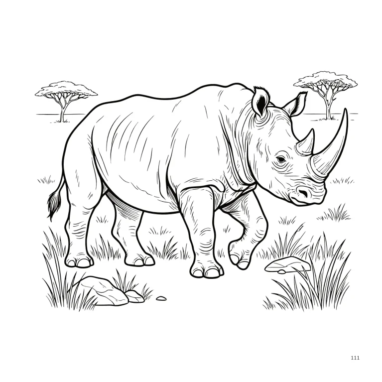 Ilustración para colorear de un rinoceronte africano con dos cuernos, rodeado de hierba, rocas y acacias en un paisaje de sabana.