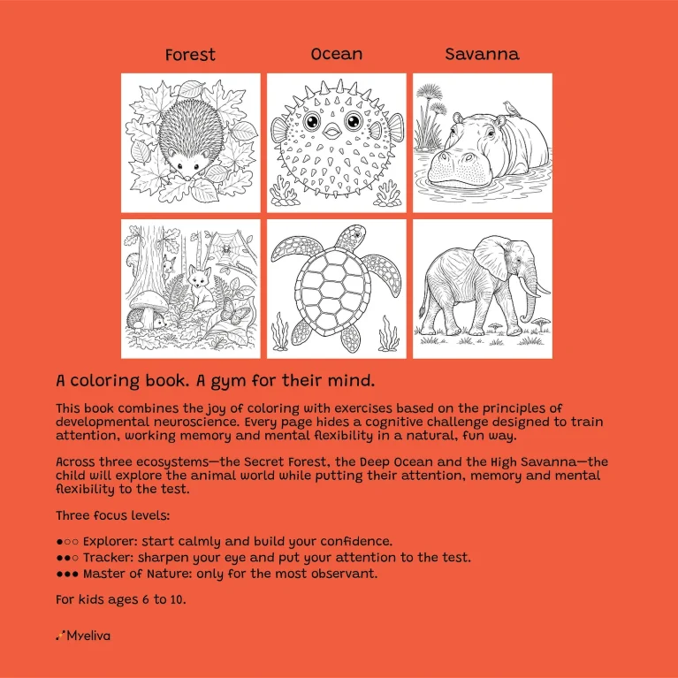 Contraportada de la edición inglesa Wild Animals in Their Habitat, con seis ilustraciones para colorear de animales del bosque, océano y sabana.